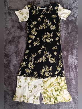 Vintage CASUAL STUDIO Black/GreenFloral Linen Dress Square Neck Short Sleeve M